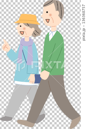 一對面帶著微笑的老夫婦正在散步 一對面帶著微笑的老夫婦正在散步 136368757