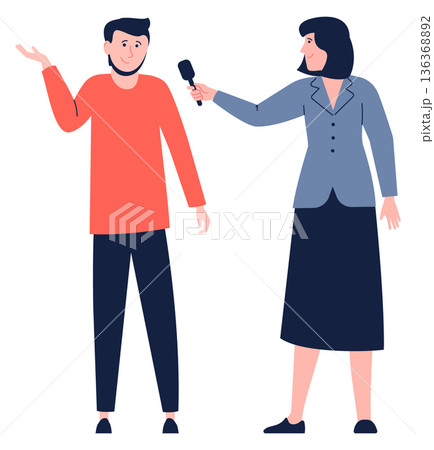 News reportage concept. Female journalist talk with man News reportage concept. Female journalist talk with man 136368892