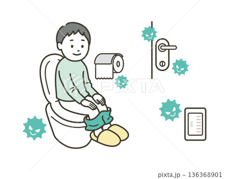 便器やトイレットパーにウイルスが着いているトイレにいる男の子 便器やトイレットパーにウイルスが着いているトイレにいる男の子 136368901