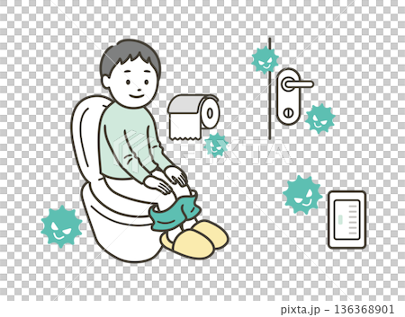 便器やトイレットパーにウイルスが着いているトイレにいる男の子 便器やトイレットパーにウイルスが着いているトイレにいる男の子 136368901