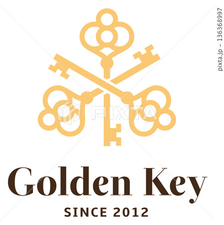 Golden key emblem. Decorative business logo template 136368997