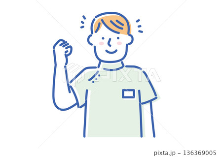 ケーシー白衣を着て笑顔でガッツポーズする若い看護師の男性イラスト ケーシー白衣を着て笑顔でガッツポーズする若い看護師の男性イラスト 136369005
