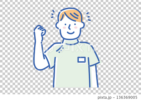 圖:一位身穿白大褂、微笑、揮舞拳頭的年輕男護士 圖:一位身穿白大褂、微笑、揮舞拳頭的年輕男護士 136369005