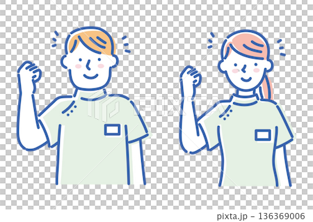 Illustration set of young nurses wearing white coats and smiling, giving a fist pump 136369006