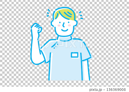 Illustration of a young male nurse wearing a white coat and smiling, giving a fist pump 136369008