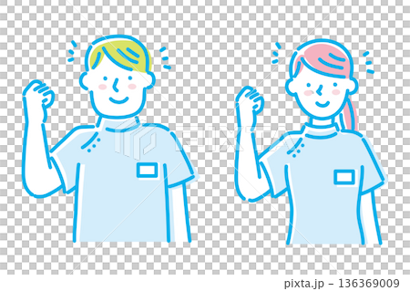 ケーシー白衣を着て笑顔でガッツポーズする若い看護師の男女イラストセット ケーシー白衣を着て笑顔でガッツポーズする若い看護師の男女イラストセット 136369009