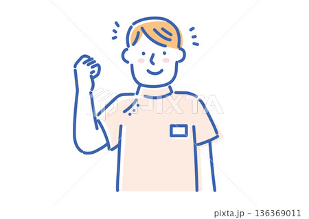 ケーシー白衣を着て笑顔でガッツポーズする若い看護師の男性イラスト ケーシー白衣を着て笑顔でガッツポーズする若い看護師の男性イラスト 136369011