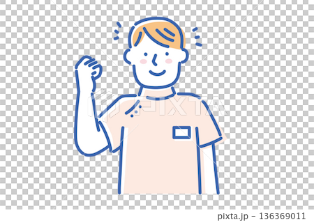 Illustration of a young male nurse wearing a white coat and smiling, giving a fist pump Illustration of a young male nurse wearing a white coat and smiling, giving a fist pump 136369011