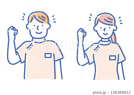 ケーシー白衣を着て笑顔でガッツポーズする若い看護師の男女イラストセット 136369012