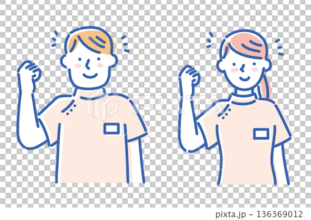 ケーシー白衣を着て笑顔でガッツポーズする若い看護師の男女イラストセット 136369012