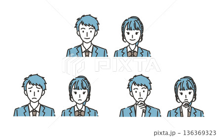 男女高校生の表情セット（普通・困る・考える） 136369323