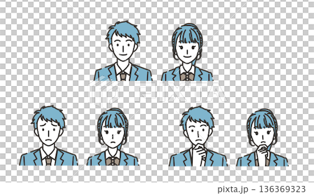 男女高校生の表情セット（普通・困る・考える） 136369323