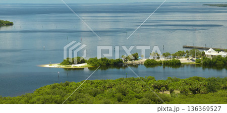 View from above of Florida everglades with green vegetation between ocean water inlets. Natural habitat of many tropical species in wetlands View from above of Florida everglades with green vegetation between ocean water inlets. Natural habitat of many tropical species in wetlands 136369527