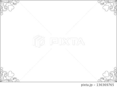 ビンテージカリグラフィ風フレーム素材238＜飾り罫・飾り枠・ハート・線画・白黒＞ 136369765