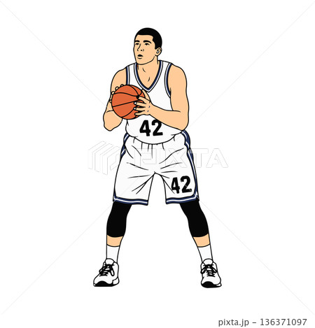 Professional Basketball Player Concentrating on Free Throw Line Holding Ball with Both Hands Line Art Illustration 136371097