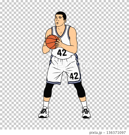 Professional Basketball Player Concentrating on Free Throw Line Holding Ball with Both Hands Line Art Illustration 136371097