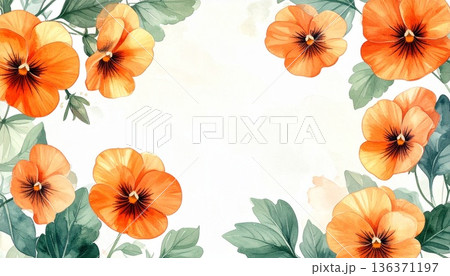 温かみのあるオレンジのパンジーが囲むフラワーフレーム：メッセージカードやお祝いに最適な水彩花枠素材 136371197