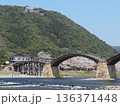 桜満開の錦帯橋と岩国城 136371448