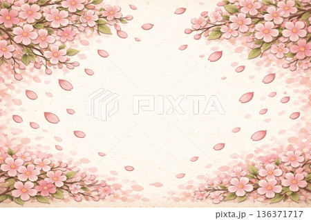 フレーム素材　満開の桜　桜吹雪　木版画調 136371717