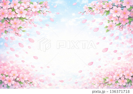 フレーム素材　満開の桜　桜吹雪　アニメ風 136371718