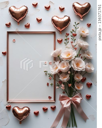 ローズゴールドフレームとフラワーブーケのロマンティックポスター 縦構図 136371761