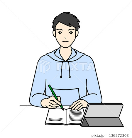 タブレットとノートを使って自宅学習をする男子高校生 タブレットとノートを使って自宅学習をする男子高校生 136372308