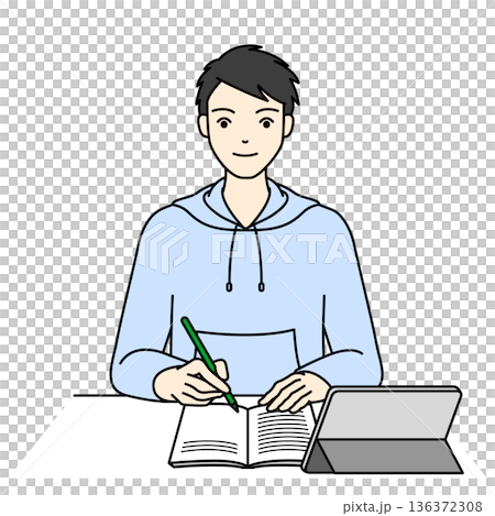 タブレットとノートを使って自宅学習をする男子高校生 タブレットとノートを使って自宅学習をする男子高校生 136372308