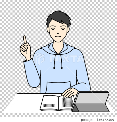 タブレット学習中にポイントを指差しする笑顔の男子高校生 タブレット学習中にポイントを指差しする笑顔の男子高校生 136372309