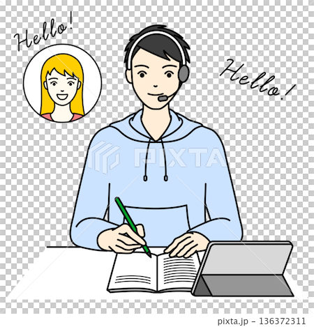 A male high school student taking online English lessons with a foreign teacher A male high school student taking online English lessons with a foreign teacher 136372311