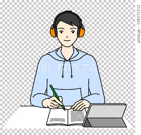 聴覚過敏用イヤーマフで周囲の音を遮断し勉強する男子高校生 136372312