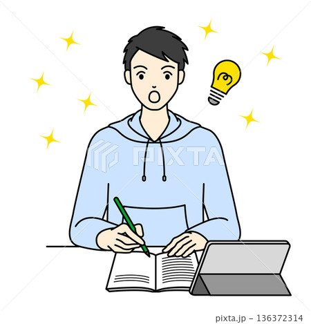 タブレットで勉強中に答えをひらめき驚く男子高校生 136372314