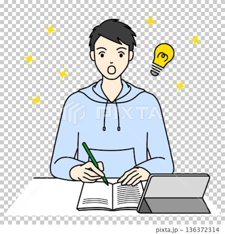 タブレットで勉強中に答えをひらめき驚く男子高校生 136372314