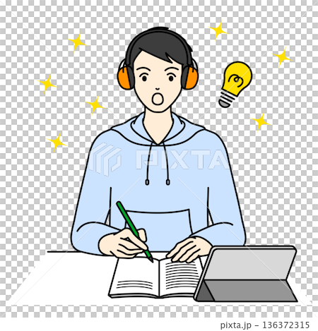 A male high school student concentrates on his studies while wearing earmuffs to combat hyperacusis. 136372315