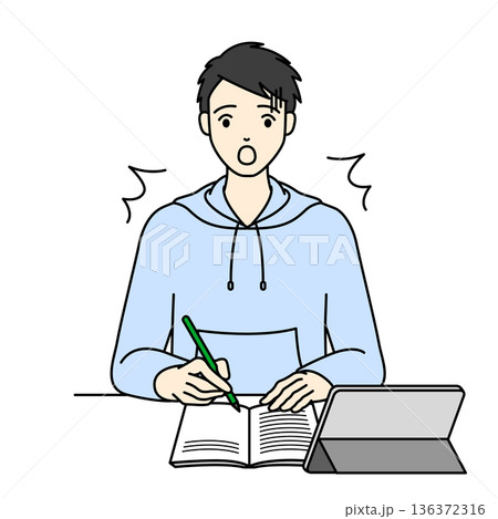 タブレット学習中に驚く男子高校生のイラスト試験対策勉強シーン 136372316
