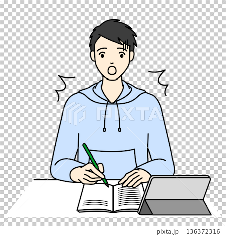 タブレット学習中に驚く男子高校生のイラスト試験対策勉強シーン 136372316