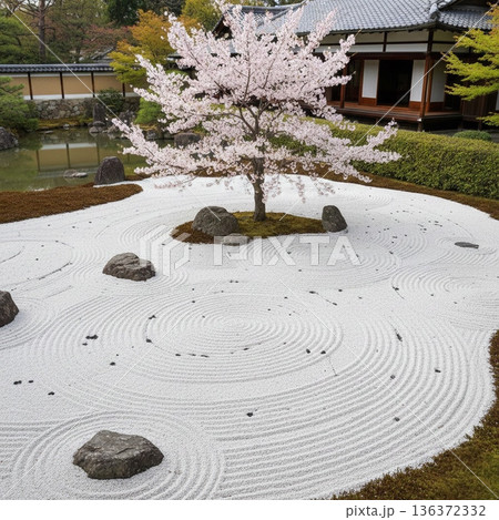 枯山水庭園に咲く桜 136372332