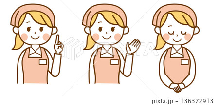 案内・説明・お辞儀をするエプロン女性のセット 136372913