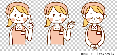 案内・説明・お辞儀をするエプロン女性のセット 136372913