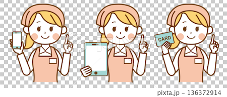 スマホ・タブレット・カードを案内するエプロン女性｜決済、説明、受付、接客 136372914
