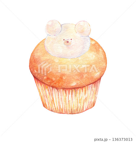 水彩で描いたくまのクリームのマフィン 水彩で描いたくまのクリームのマフィン 136373013