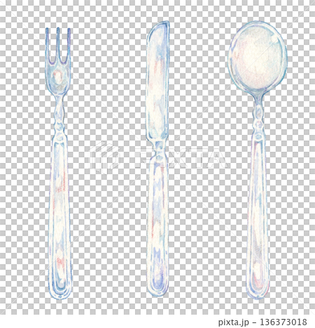 叉子、刀子和湯匙水彩插畫套裝 136373018