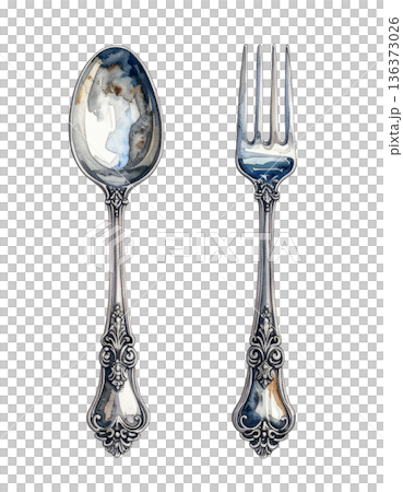 經典銀勺和銀叉的水彩插圖 136373026