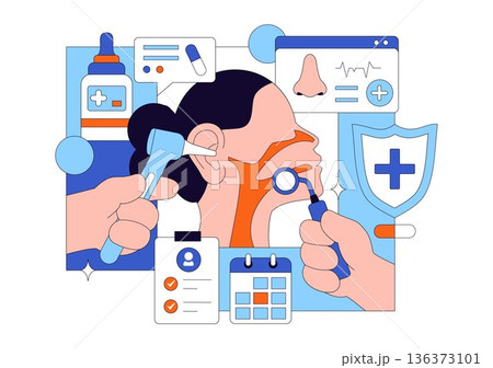 Otorhinolaryngologist Vector Illustration in a Healthcare Environment Related to Medical Conditions of the Ear Nose and Throat on a Flat Background Otorhinolaryngologist Vector Illustration in a Healthcare Environment Related to Medical Conditions of the Ear Nose and Throat on a Flat Background 136373101