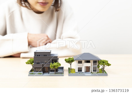 住宅模型を比較する女性 136373119