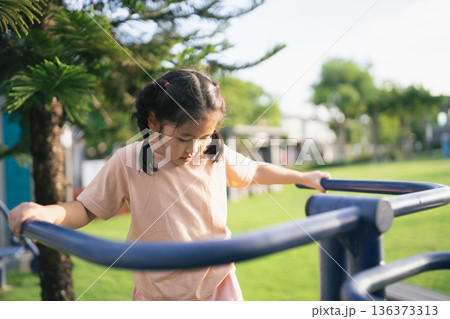 Young Girl Plays and Explores Outdoor Playground Equipment in a Sunny Park with Green Grass and Trees, Enjoying Childhood Activities 136373313