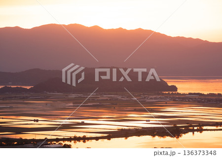 滋賀県東近江市猪子町の猪子山から望む水張りの田植え前の水田がオレンジ色に光る夕景 136373348