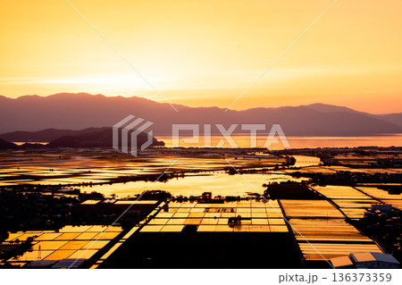 滋賀県東近江市猪子町の猪子山から望む水張りの田植え前の水田がオレンジ色に光る夕景 136373359