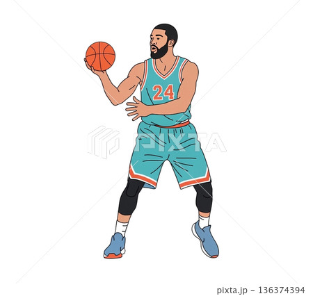 Dynamic Flat Vector Illustration of an Athletic Male Basketball Player Making a Swift Pass 136374394