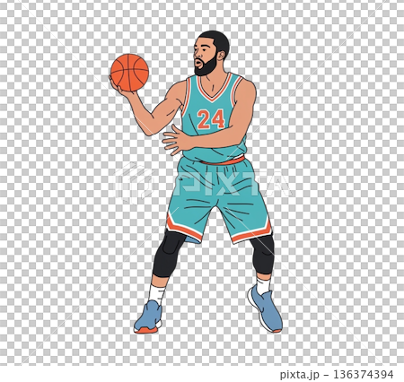 Dynamic Flat Vector Illustration of an Athletic Male Basketball Player Making a Swift Pass 136374394