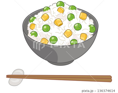 グリーンピースとコーンの炊き込みご飯のイラスト(お箸と箸置きの追加) グリーンピースとコーンの炊き込みご飯のイラスト(お箸と箸置きの追加) 136374614